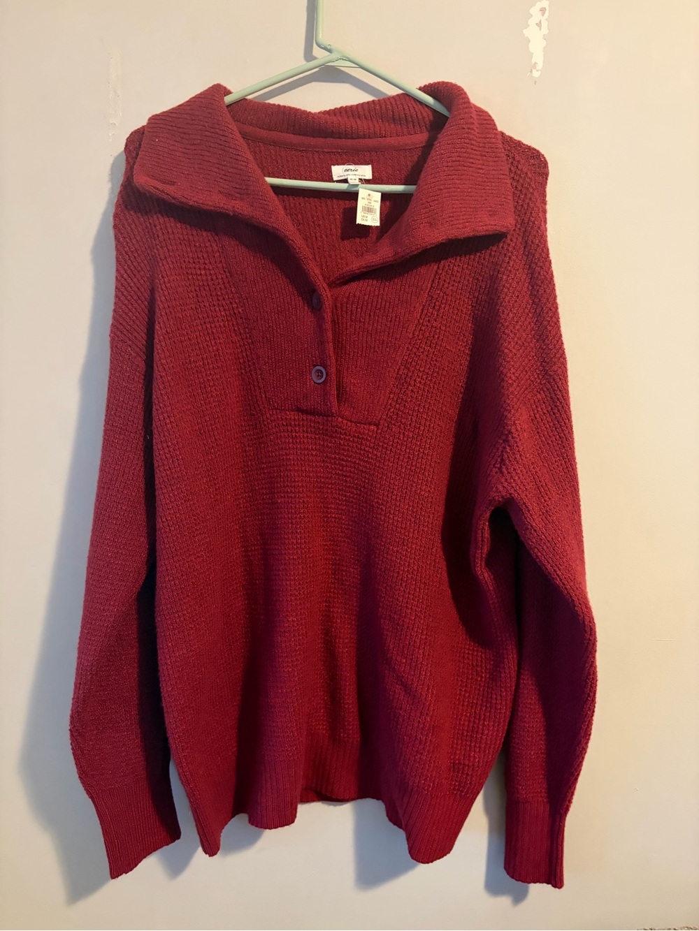Aerie Cozy Up Waffle Knit Polo Sweater Burgundy Oversized - Picture 2 of 4
